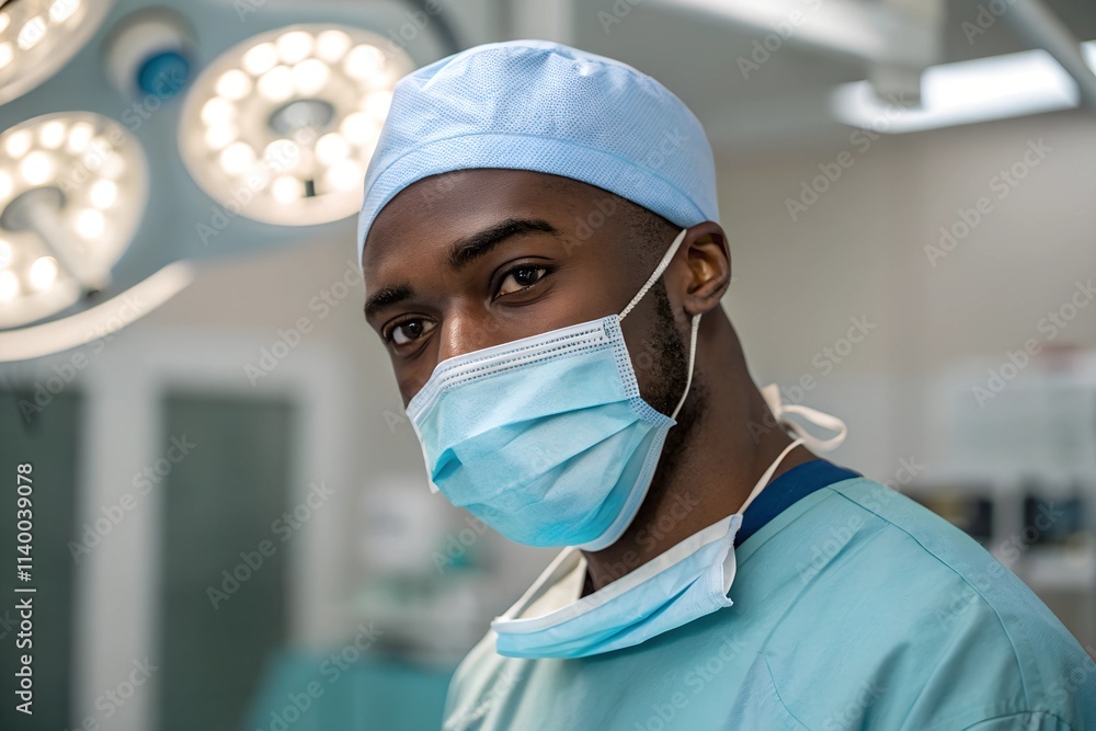 Smiling Black male surgeon in surgical scrubs and cap, standing confidently with a face mask in a sterile hospital operating room. Smiling Black male surgeon in surgical scrubs and cap, standing confidently with a face mask in a sterile hospital operating room.