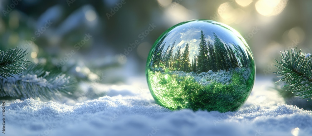 Snowy green Christmas ornament resting on white snow with lush fir trees in soft focus background creating a festive holiday atmosphere Snowy green Christmas ornament resting on white snow with lush fir trees in soft focus background creating a festive holiday atmosphere