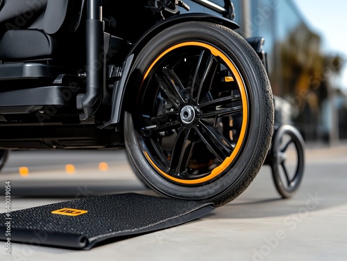 Close-up of a modern wheelchair wheel. photo