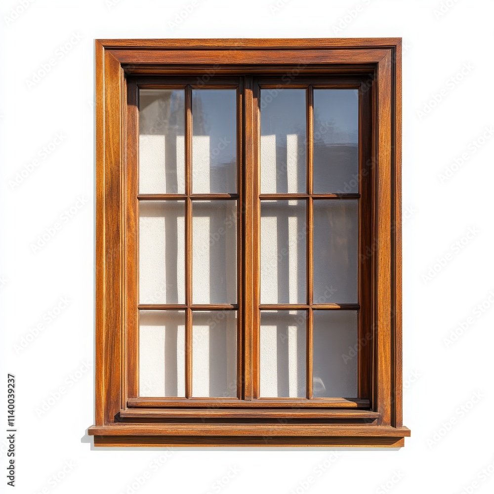 A classic wooden window with a simple rectangular frame and clear glass panes on a white background A classic wooden window with a simple rectangular frame and clear glass panes on a white background