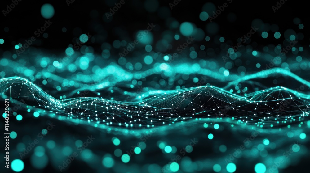 Abstract visualization of waves and particles in a digital landscape. Abstract visualization of waves and particles in a digital landscape.
