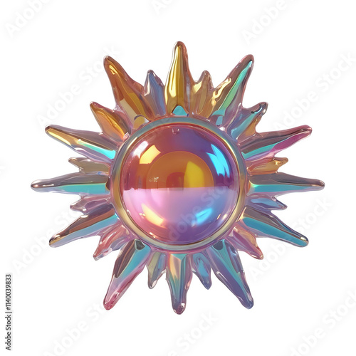 3D chrome element in Y2K style, isolated background, liquid holographic metal. Colorful sun with a rainbow halo, rainbow colors, joy and happiness.