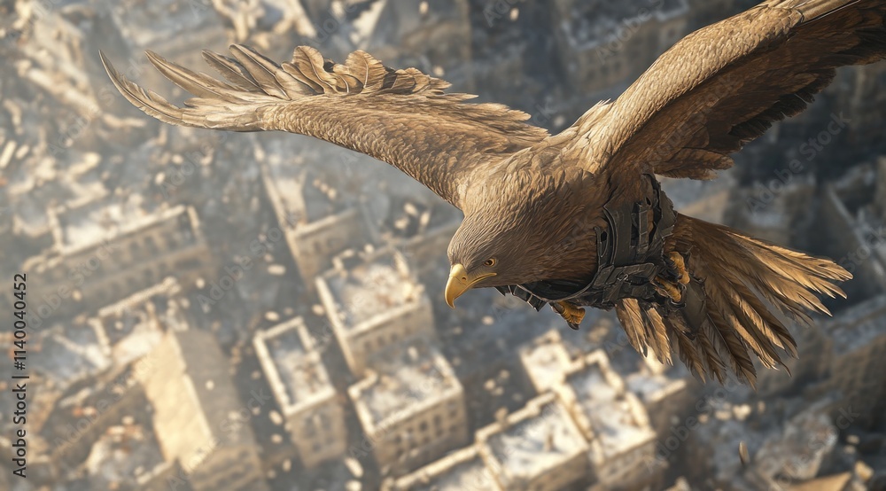 A majestic eagle soars over a cityscape, showcasing nature's beauty amidst urban life. A majestic eagle soars over a cityscape, showcasing nature's beauty amidst urban life.