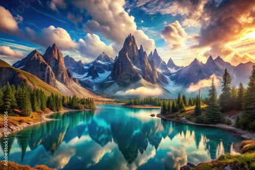 Surreal blue mountains embrace a tranquil lake, cotton candy clouds paint a dreamy fantasy.