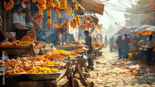 Celebrating hindu traditions a vibrant marketplace of festivals in india colorful stalls cultural atmosphere captured from a street view perspective photo