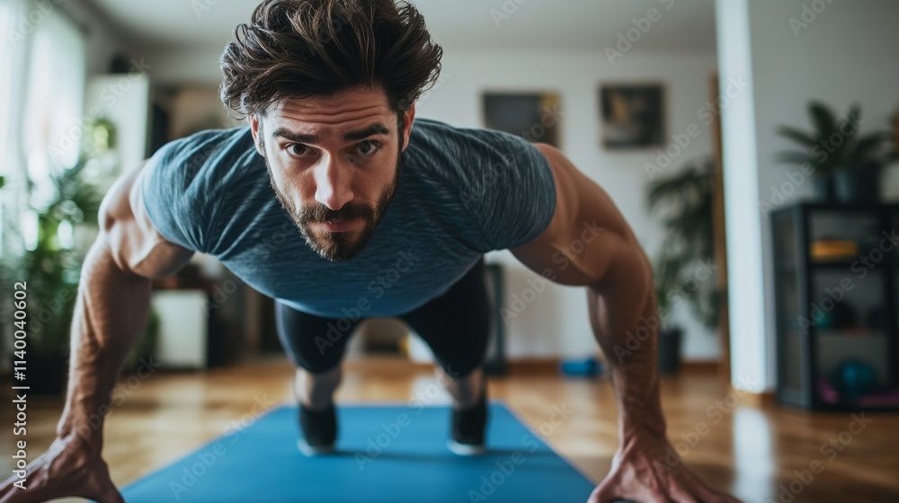 Fototapeta premium Man Doing Burpees on Yoga Mat in Living Room