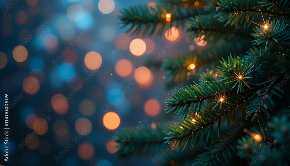 Close-up of a Christmas tree branch adorned with lights and blurred bokeh background Close-up of a Christmas tree branch adorned with lights and blurred bokeh background