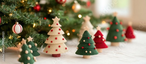 Felt Christmas tree ornaments arranged on a white tablecloth with festive decorations sparkling in the background