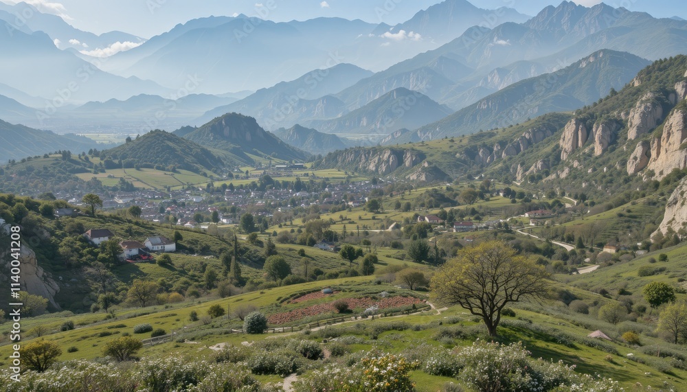 Panoramic View of a Mountain Valley Town Nestled Amongst Lush Hills and Majestic Peaks Panoramic View of a Mountain Valley Town Nestled Amongst Lush Hills and Majestic Peaks