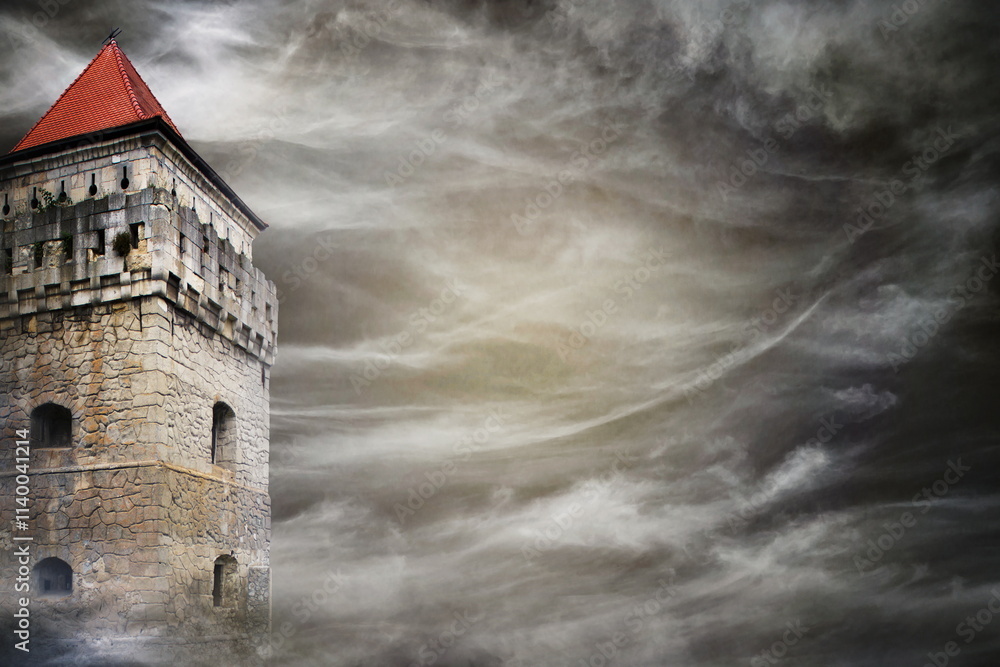 Naklejka premium medieval tower on cloudy sky background