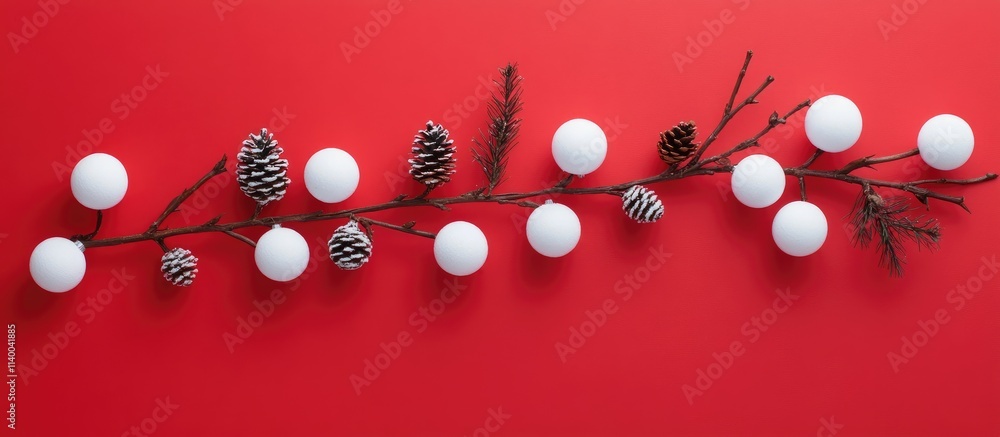 Fototapeta premium Winter holiday flat lay composition with fir cones and white ornaments on vibrant red background creating a festive atmosphere with copy space