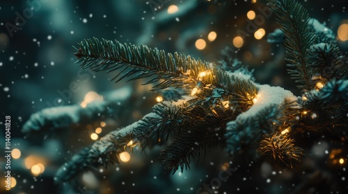 Wallpaper Mural Winter wonderland scene featuring a snow-dusted evergreen tree adorned with glowing lights amidst softly falling snowflakes. Torontodigital.ca