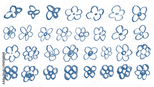 Set of blue flowers made in chalk on white background, blots in the form of flowers, flowers in the form of stamps, flowers drawn in chalk, collection of different types of flowers, grunge elements