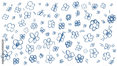 Background with blue flowers painted with brush, flowers in the form of stamps, grunge elements, floral pattern on white background, flowers of different sizes and designs made in blue chalk
