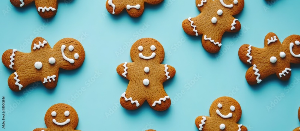 Festive flat lay of decorated gingerbread cookies on a blue background perfect for Christmas and holiday-themed designs and advertisements. Festive flat lay of decorated gingerbread cookies on a blue background perfect for Christmas and holiday-themed designs and advertisements.