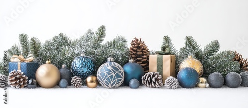 Festive winter holiday backdrop featuring pine tree branches, colorful ornaments, and decorative gifts arranged on a white background photo