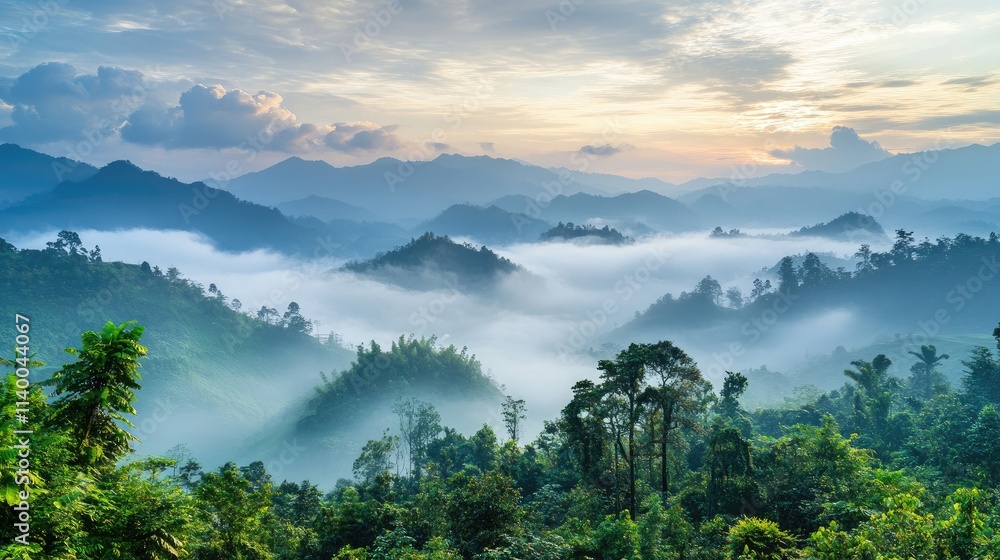 Obraz premium Foggy mountain landscape at sunrise with lush greenery and dramatic cloud formations creating a serene natural atmosphere.
