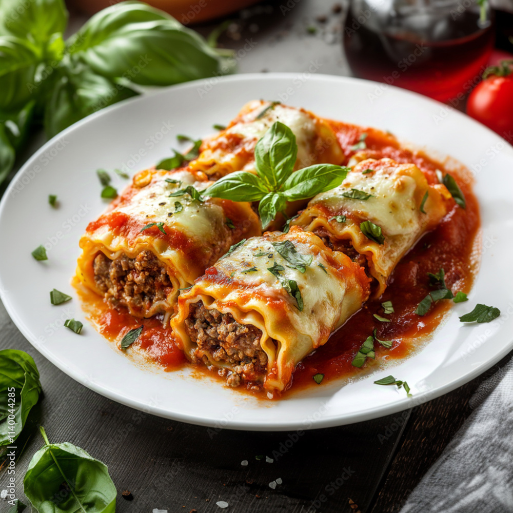 A mouthwatering food dish featuring lasagna rolls filled with cooked, crumbled beef burger patty mixed with marinara sauce. A mouthwatering food dish featuring lasagna rolls filled with cooked, crumbled beef burger patty mixed with marinara sauce.