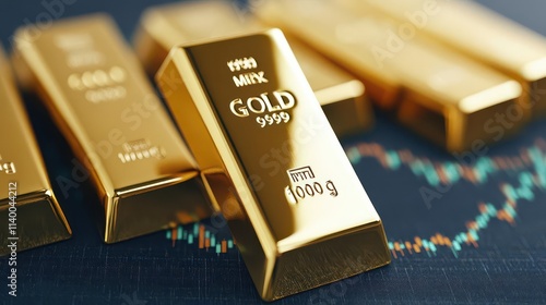 Close-up of shimmering gold bars displayed elegantly, representing wealth and investment opportunities in precious metals. photo