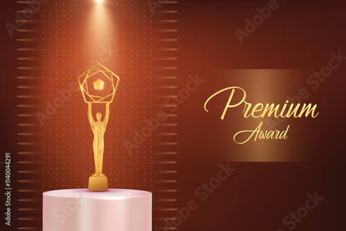 Golden Premium Luxury Award With Glowing Spotlight Beam On Brown Background. Royal Ethnic Theme Elements Concept Design Vector Illustration For Grand Music Concert, Movie, Party, Festival Celebration 