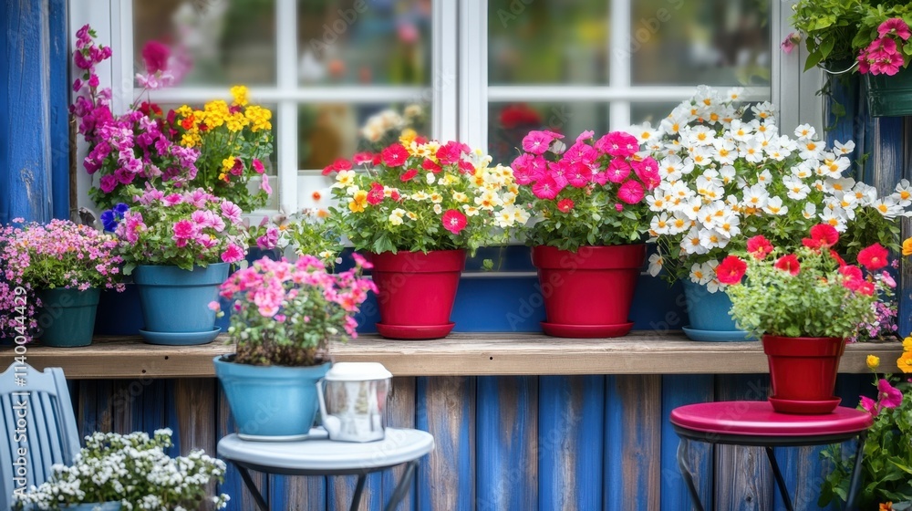 Colorful Flower Pots Displayed on a Wooden Window Sill Colorful Flower Pots Displayed on a Wooden Window Sill