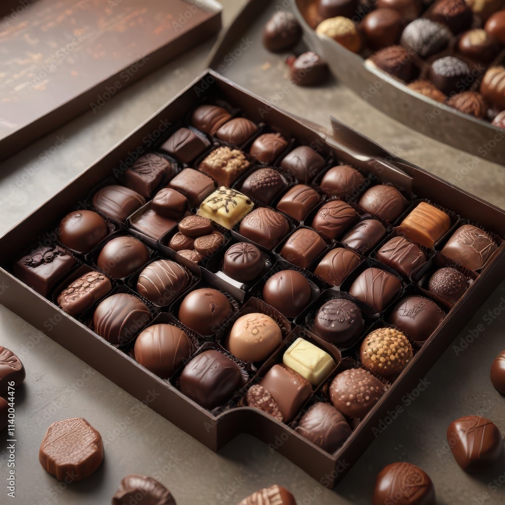 Close-up of open chocolate box revealing decadent chocolates , sweetness, box Close-up of open chocolate box revealing decadent chocolates , sweetness, box