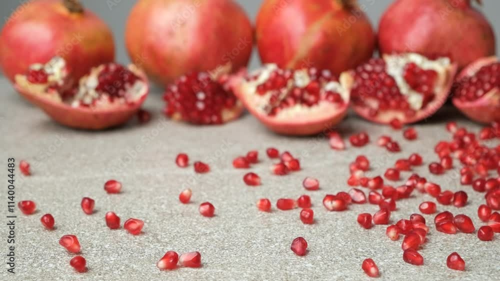 Scatter of pomegranate seeds on a stone gray background, slow motion. Scatter of pomegranate seeds on a stone gray background, slow motion.