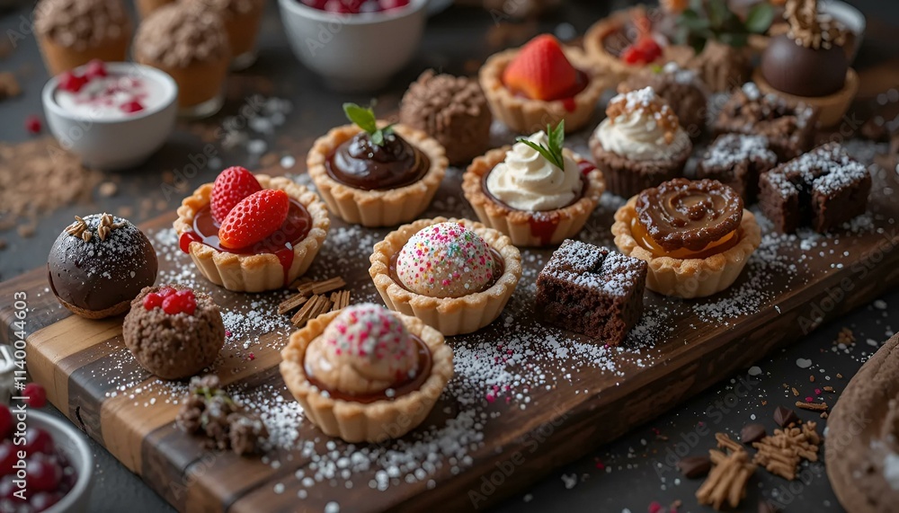 Decadent dessert platter featuring assorted mini tarts and chocolates on a wooden board Decadent dessert platter featuring assorted mini tarts and chocolates on a wooden board