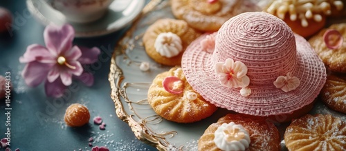 Delightful assortment of cookies pastries and floral hat on a decorative platter with soft colors and elegant presentation