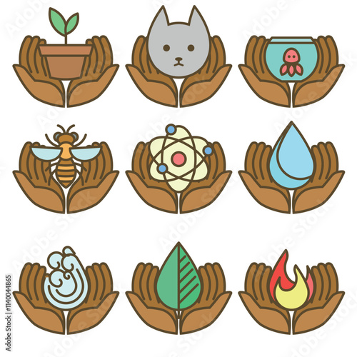 Vector icons with hands holding symbols of nature, science, and conservation in a clean, modern style