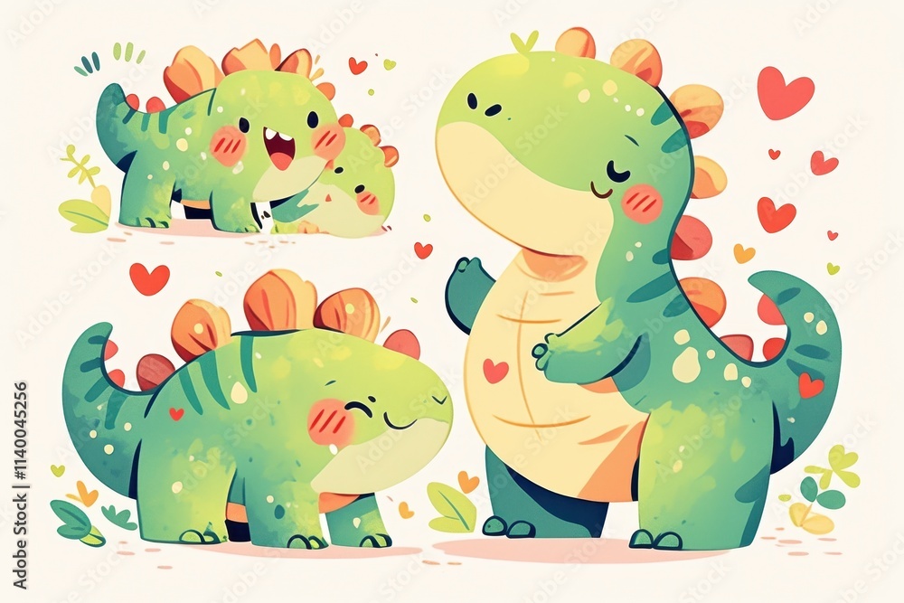 Obraz premium Cute cartoon dinosaurs expressing joy and affection in a playful setting.