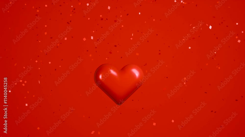 Valentine's day heart with confetti on red background. Looping 3D animation. Valentine's day heart with confetti on red background. Looping 3D animation.