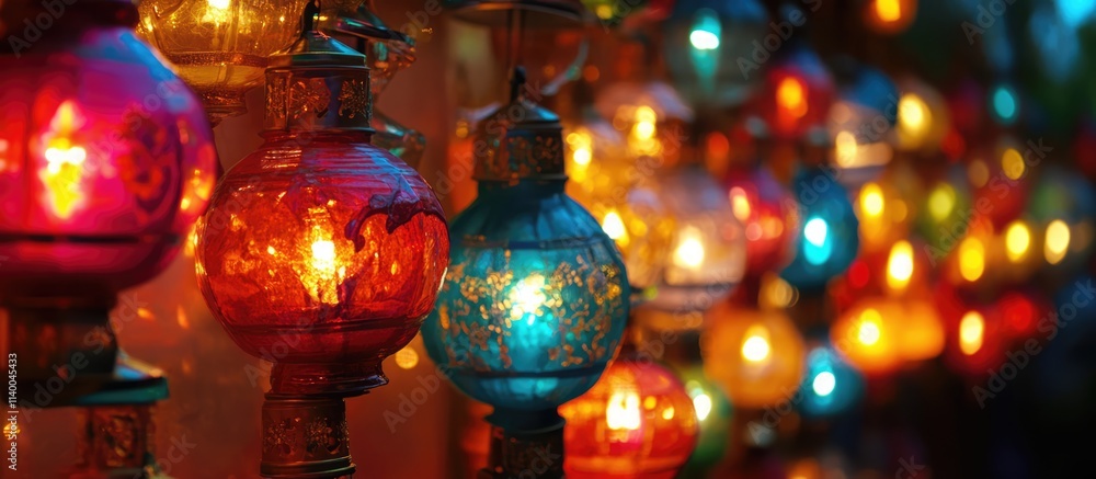 Vibrant lantern display illuminating the night with colorful light in a festive atmosphere Vibrant lantern display illuminating the night with colorful light in a festive atmosphere