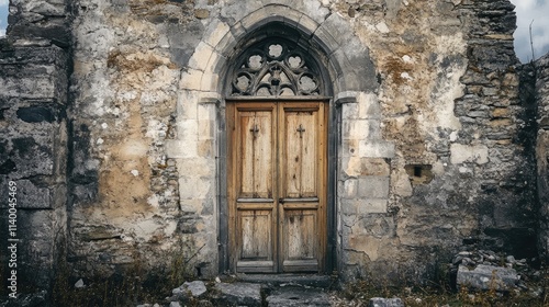 Wallpaper Mural Ancient church ruins featuring a weathered wooden door framed by crumbling stone walls showcasing historical architectural details Torontodigital.ca