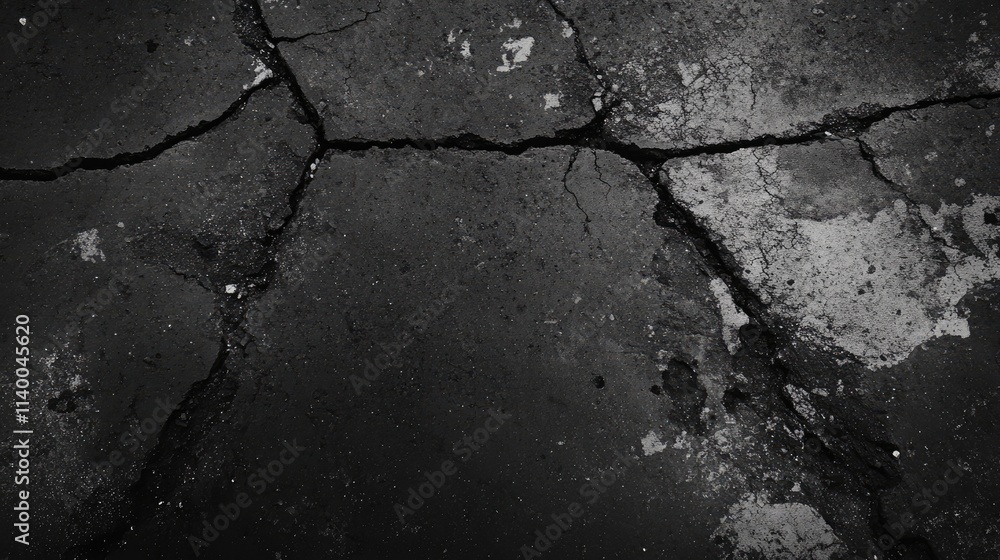 Obraz premium Aged asphalt surface with cracks and textures captured from above, showcasing a weathered and distressed roadway background.