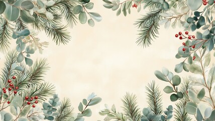 Festive christmas greenery with eucalyptus, pine branches, and red berries creating a border on a neutral beige backdrop