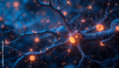 Neurons with Synaptic Communication in Glowing Detail, Digital Illustration of Neural Activity 