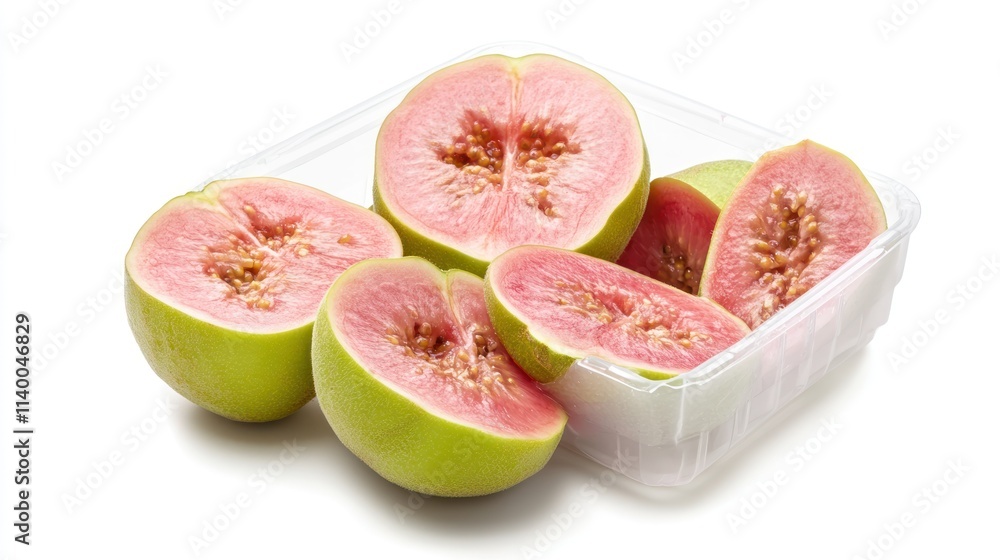 Sliced pink guavas displayed in a clear container, showcasing their vibrant color and texture. Sliced pink guavas displayed in a clear container, showcasing their vibrant color and texture.