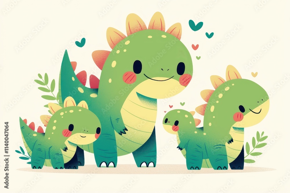 Naklejka premium A cute family of cartoon dinosaurs with cheerful expressions and greenery.