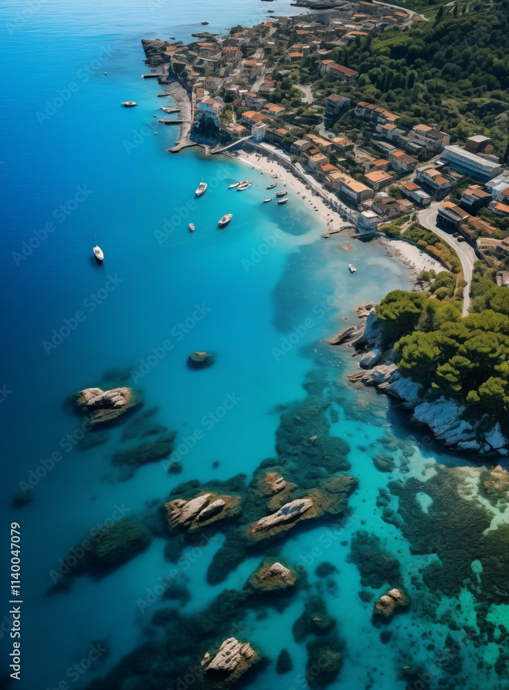 Drone aerial view of a bay, sea cove with yachts, boats and yachts to the Mediterranean islands or oceanic islands for recreation. Drone aerial view of a bay, sea cove with yachts, boats and yachts to the Mediterranean islands or oceanic islands for recreation.