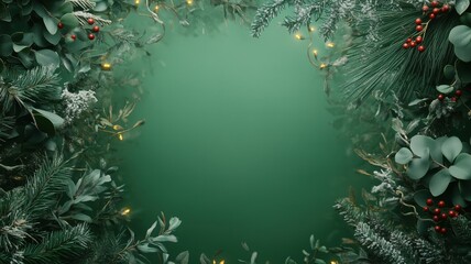Festive christmas greenery with eucalyptus, pine branches, and red berries creating a border on a neutral beige backdrop