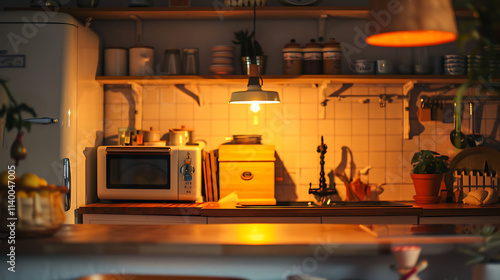 A cozy kitchen with soft lighting, a vintage breadbox, and retro appliances,