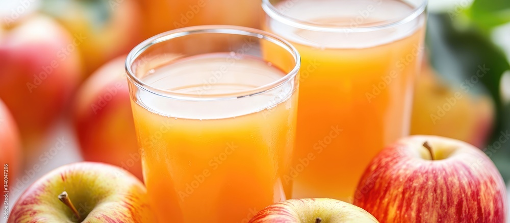 Refreshing apple juice served in Tom Collins glasses surrounded by fresh apples on a white background showcasing vibrant colors and clarity. Refreshing apple juice served in Tom Collins glasses surrounded by fresh apples on a white background showcasing vibrant colors and clarity.