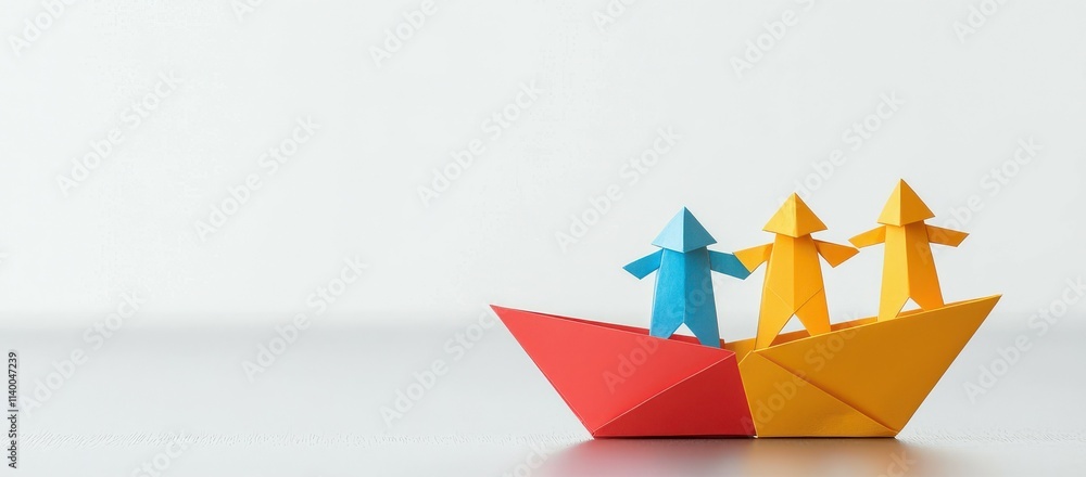 Naklejka premium Colorful paper boat with origami figures representing creativity and playfulness.