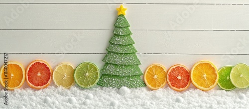 Christmas banner with a green tree crafted from citrus slices on a white wooden background adorned with imitative snow and text space photo