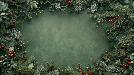 Festive christmas greenery with eucalyptus, pine branches, and red berries creating a border on a neutral beige backdrop