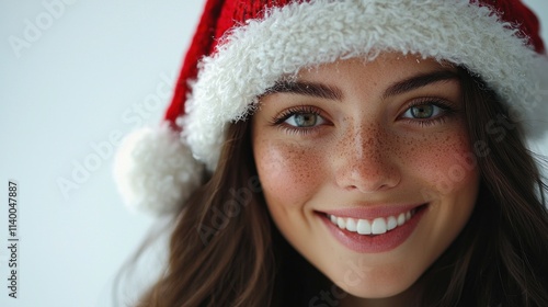 Young Woman in Christmas Hat with Bright Smile and Freckles, Capturing Holiday Spirit with Cheerful Expression, Winter Celebration Vibes and Festive Joy