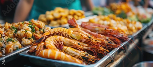 Fried shrimp and lobster delicacies displayed at a vibrant market food stall ready to delight food lovers with fresh seafood delights photo