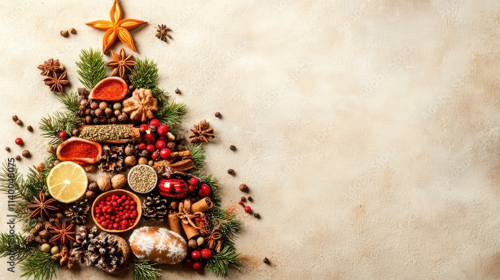Spice Christmas tree arrangement with festive ingredients on a rustic table background for holiday decoration and culinary inspiration Spice Christmas tree arrangement with festive ingredients on a rustic table background for holiday decoration and culinary inspiration