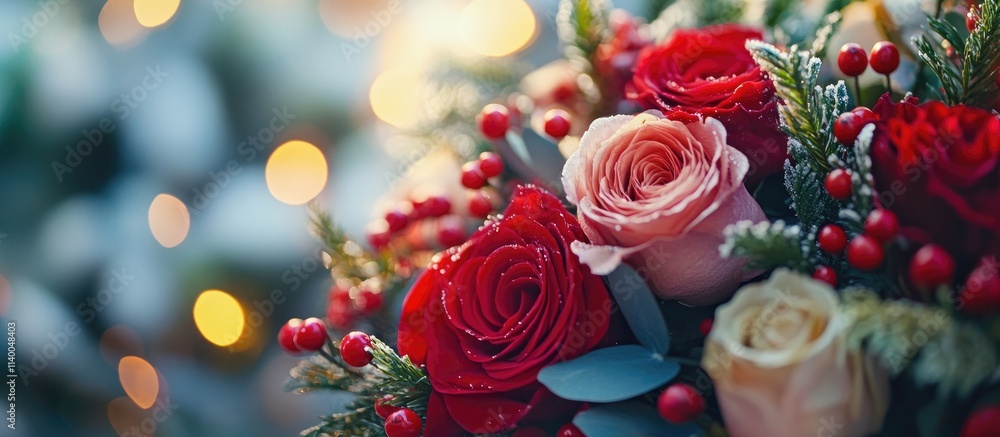 Festive close up of a vibrant Christmas flower arrangement with roses and seasonal greenery adorned with berries and soft bokeh lighting Festive close up of a vibrant Christmas flower arrangement with roses and seasonal greenery adorned with berries and soft bokeh lighting
